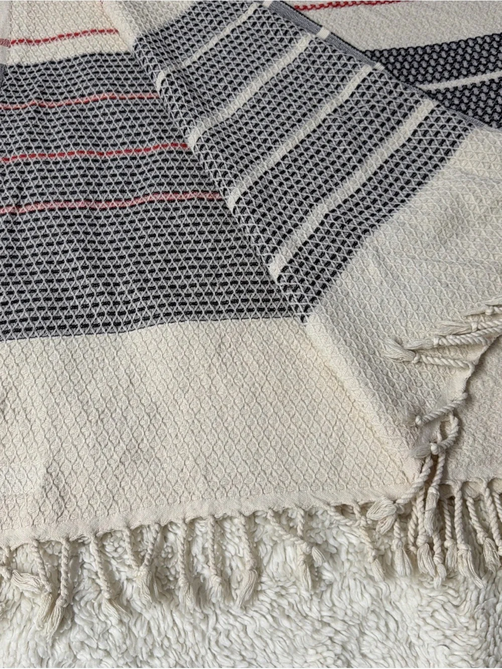 Sand cloud 100% organic Striped Cotton Throw Blanket in Cream, Navy and Red